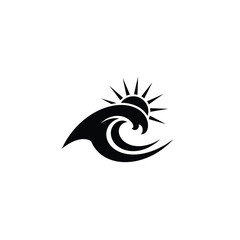 Black Silhouette Coastal Wave Sun Icon Vector ocean