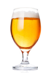 A glass of beer with a golden hue and frothy head, isolated on a clean white background
