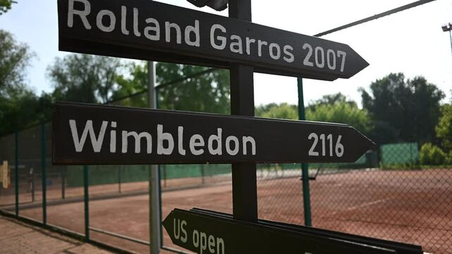 Distances to Prestigious Global Tennis Tournaments Displayed on a Rustic Signpost Near a Clay Court.