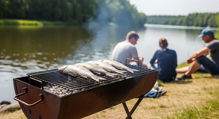 Photo of a person grilling fish by a riverside or lakeside. Outdoor cooking scene showing a nature-based food hobby with a scenic background of water and greenery.
