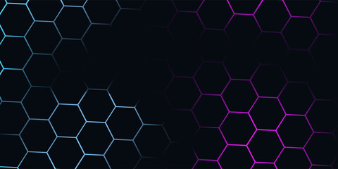 Dark hexagon abstract technology background with blue and pink colored bright flashes under hexagon. Hexagonal gaming vector abstract tech background