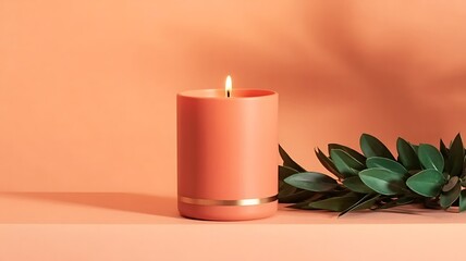 Burning coral candle with gold accent and green leaves on peach background