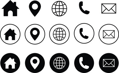 Web icon set, icon set vector. Phone,  website, address, location and mail logo symbol sign pack. Contact information icons for business cards.