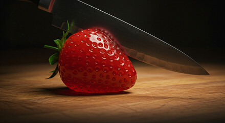  translucent strawberry made of red gelatine or glass, placed on a textured wooden cutting board. A sharp knife is positioned above 