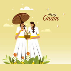 Young women collecting flowers in a basket. Concept of Onam festival in Kerala