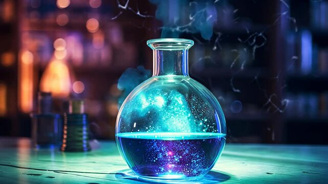 Flask with magic liquid in the laboratory. Selective focus. Blue.