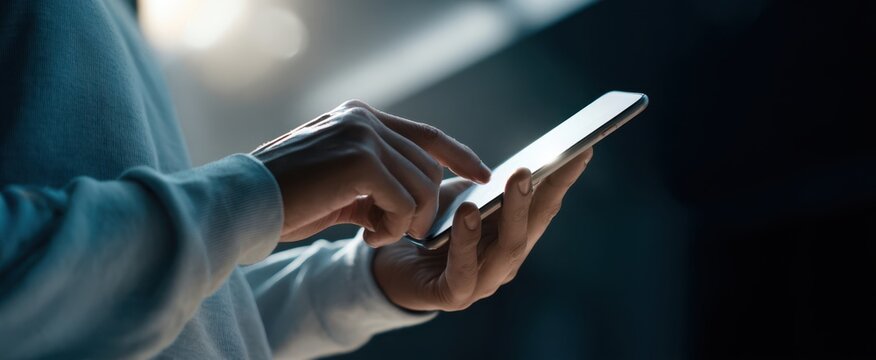 The human hand interacting with a smartphone in a dimly lit environment