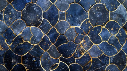 Detailed, intricate pattern of dark blue and gold mosaic tiles.