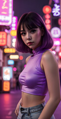 Woman portrait of asian model against night city background in purple tones