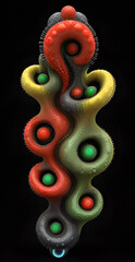 vertical sinuous long spherical alien plants object art on black background
