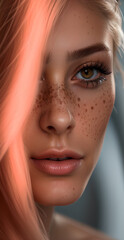 Closed portrait of a beautiful and elegant girl with brown eyes, red hair and freckles