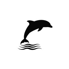 Black Dolphin Silhouette Jumping Ocean Waves Vector Icon
