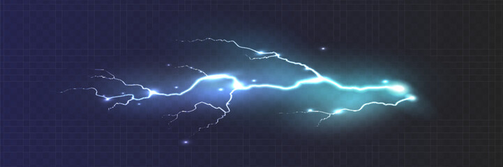 Set of the isolated realistic lightnings with transparency for design. Thunder-storm and lightnings. Magic and bright lighting effects. Natural effects