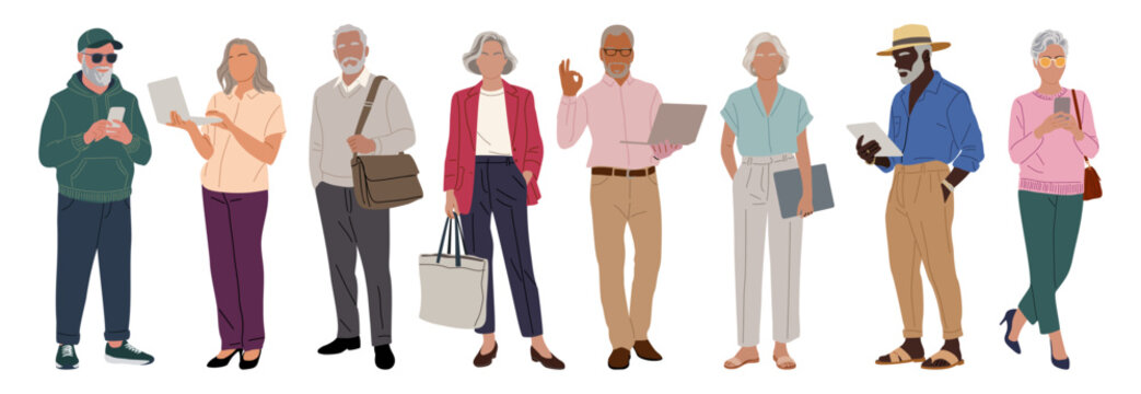 Vector set of diverse modern senior people in smart casual clothes, using phone, tablet, and laptop. Includes African American men and women. Isolated on transparent background