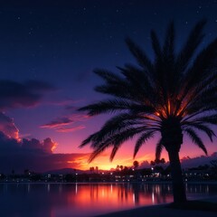 Obraz premium Twilight palm tree by the water
