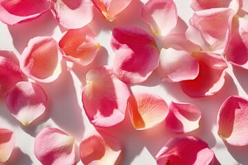 Obraz premium Fresh pink rose petals scattered on a light background for decorative purposes