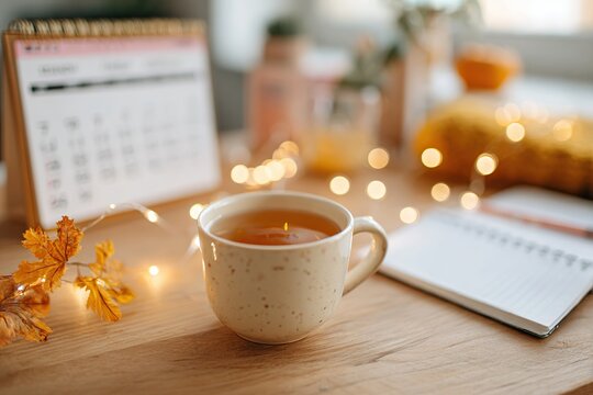 Cozy dorm desk decorated with autumn string lights and a warm cup of tea