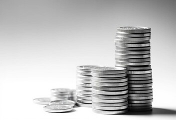 Growing stacks of coins illustrating financial growth, black and white vector style,  finance,  stable