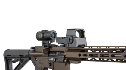 Tactical rifle with holographic sight and magnifier on white back