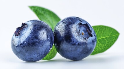 Obraz premium The vibrant blueberries paired with fresh green leaves on a white background.