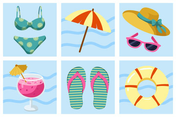 Hello Summer. Set of summer icons with swimsuit, cocktail, umbrella, balon, hat and slippers. Vector images in flat style