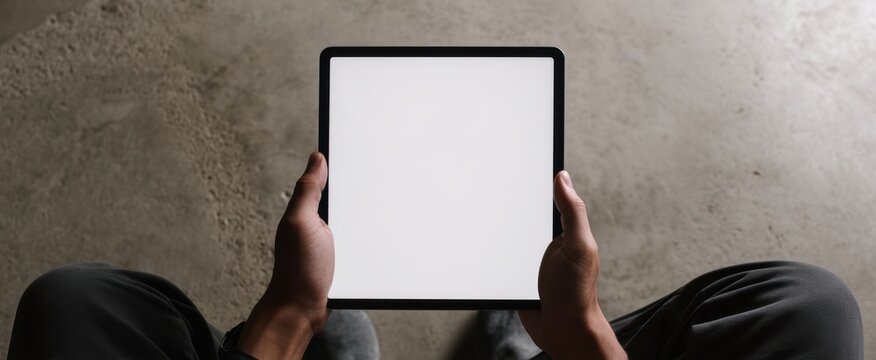 The tablet held by a person in a minimalist workspace setting. - Powered by Adobe
