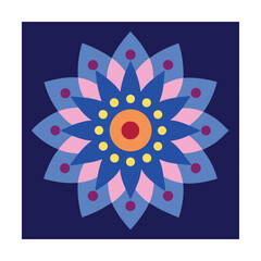 Abstract geometric flower design in vibrant colors with overlapping petals on dark blue background