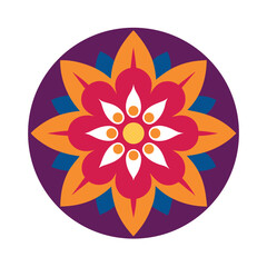 Vibrant colorful floral mandala design with intricate petal arrangement in circular purple background