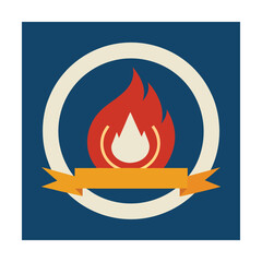 Flame emblem with a banner in a circular frame against a deep blue background