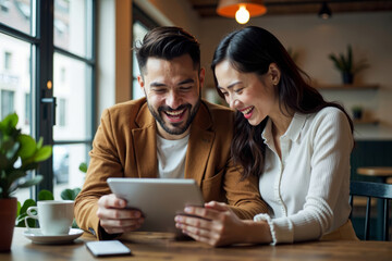 A couple browsing real estate listings together in a cozy coffee shop, eagerly exploring their options.