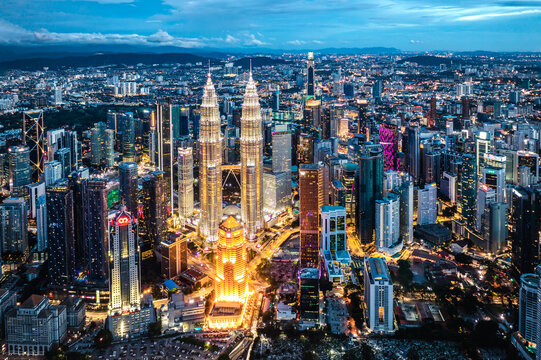 Aerial view of downtown skyline at night, Kuala Lumpur, Malaysia