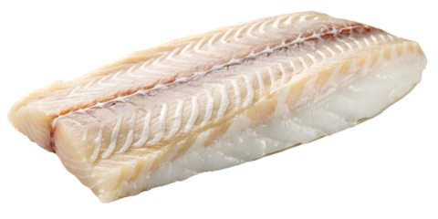Raw cod fillet with visible bones and skin isolated on white background