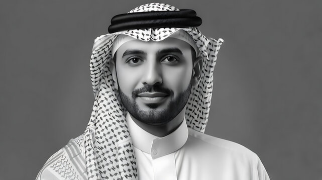 Portrait of a Man in Traditional Arab Headdress - Black and White