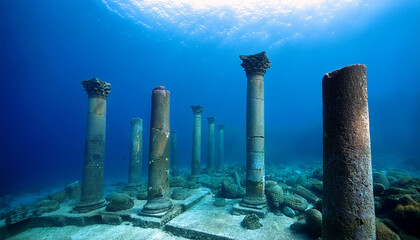 underwater ruins of ancient columns creating an ethereal atmosphere in a serene deep blue ocean