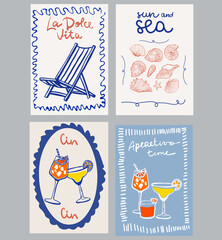Set of hand drawn vintage posters in dolce vita style. Contemporary art vector illustrations. Vintage vector print. Print for t-shirt. Trendy minimalist posters. Coctail party. Printable.	
