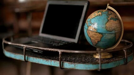 Vintage laptop and globe on rustic shelf, work from anywhere