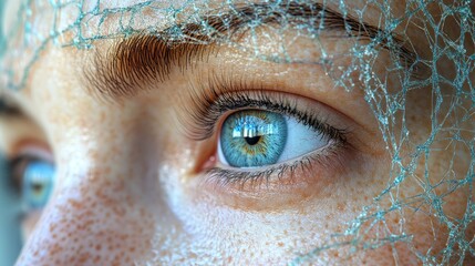3d render Close-up of a Woman's Eye with Intricate Blue Netting; High-Resolution Visual AI generative