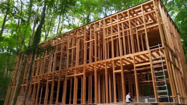 A modern wooden house under construction nestled within a lush green forest