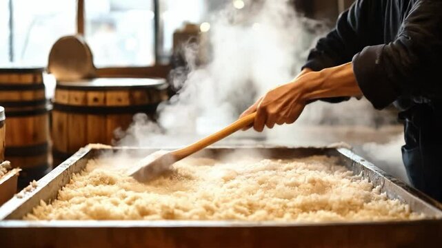 Close-up of a brewer&rsquo;s hands stirring steaming rice mash with a wooden paddle in warm, hazy light, capturing craftsmanship, motion, and serene focus. 4K video footage.
