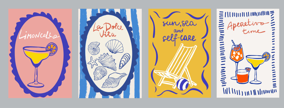 Set of hand drawn vintage posters in dolce vita style. Contemporary art vector illustrations. Vintage vector print. Print for t-shirt. Trendy minimalist posters. Coctail party. Printable.	
