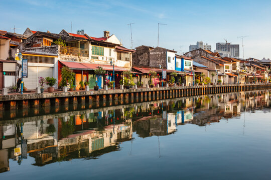 Colorful houses on the river waterfront, Malacca, Malaysia