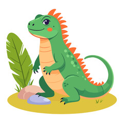 A cartoonish green dinosaur with orange spines stands beside a large leaf and rocks on a yellow ground