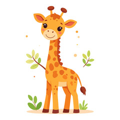 Obraz premium A cartoon giraffe stands among greenery with light orange spots brown hooves and a brown tailtip
