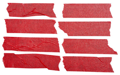 Set of red adhesive torn paper tape isolated on transparent background