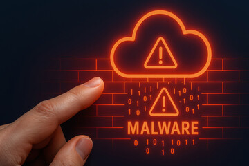 Cyber security response to malware threat in cloud network with warning symbol glowing