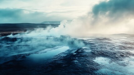 A tranquil landscape of steaming geothermal pools.