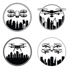 Drone flying over modern city logo set silhouette clipart