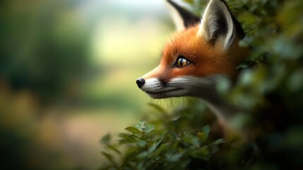 Fototapeta premium Red fox peeking from foliage in autumnal landscape