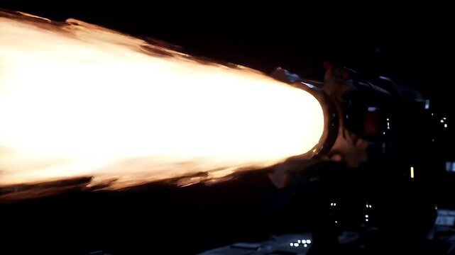 Closeup view futuristic rocket thruster jet engine exhaust flame high technology