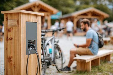 Solar-powered charging station for electric bikes in a busy outdoor park area